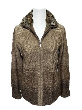 Eddie Bauer Cable Knit Wool Zip Cardigan Ombre Brown Faux Fur Collar